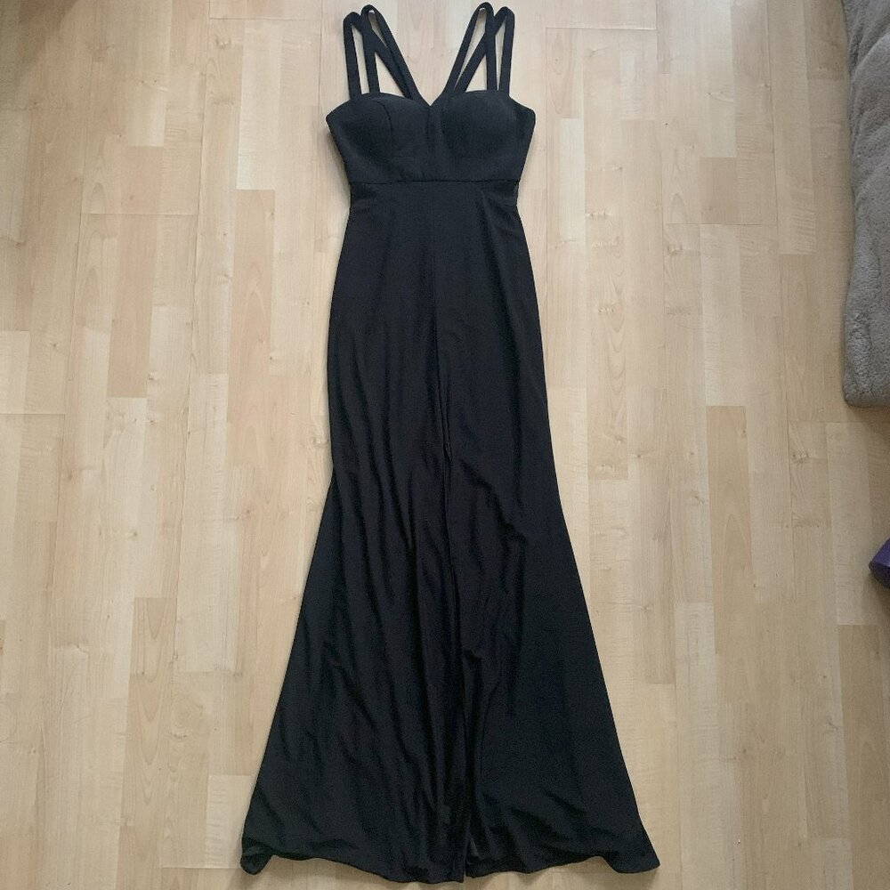 Xscape Black Strappy Maxi Dress with Mesh Cutouts Size 2